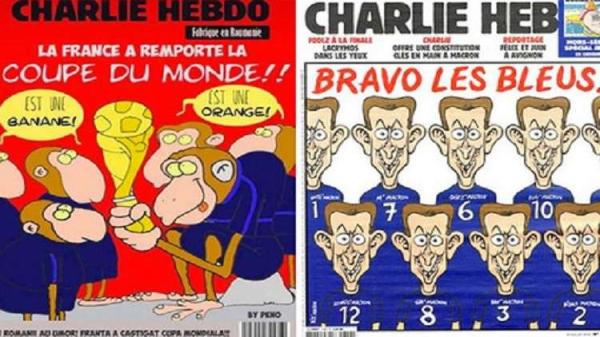 "شارلي إيبدو" تثير الجدل مجددا وتُشبه لاعبي المنتخب الفرنسي بالقردة!