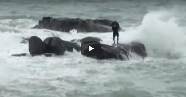 أمواج عالية تحاصر رجلا يجمع الأصداف (فيديو)