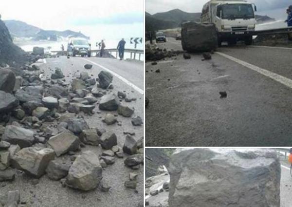 انقطاع الطريق الساحلية الرابطة بين تطوان والحسيمة بسبب سقوط الأحجار (صور)