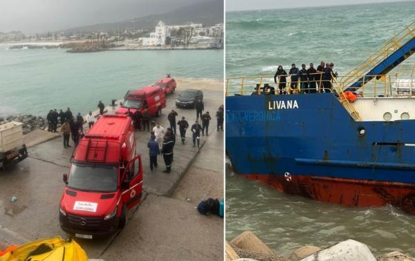 السلطات المغربية تُسابق الزمن لإنقاذ طاقم السفينة الجانحة بسواحل المضيق(صور+فيديو)