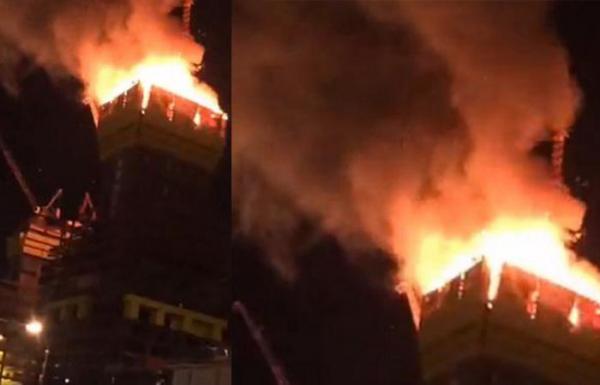 بالفيديو : حريق يلتهم &quot;أبوظبي بلازا&quot;  أطول برج في آسيا الوسطى