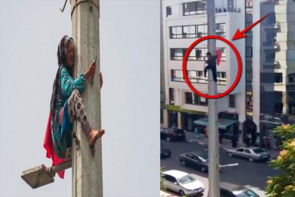 بالفيديو..." سعيد " مواطن آخر يحاول الانتحار من فوق عمود " المغلوب على أمرهم " على شاكلة " مي عايشة "