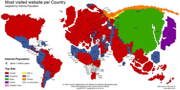 خريطة توضح مواقع الإنترنت الأكثر زيارة بحسب الدول