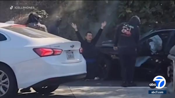 عصابة لصوص تهاجم سيارة على الطريق وتسرق ممتلكات سائقها(فيديو)