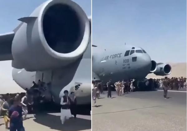 بالفيديو..مواطنون أفغان يحاولون التشبت بطائرة نقل عسكرية أمريكية أثناء إقلاعها